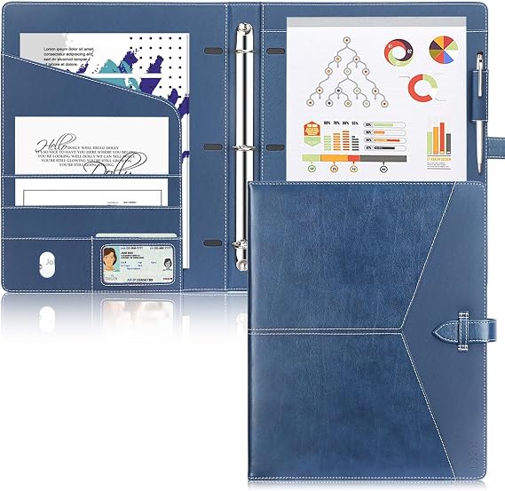 Toplive Padfolio 3 Ring Binder Organizer Business Portfolio Folder for Women, A4/ Letter Size PU Leather Portfolio Padfolio for Interview Conference Presentation, Blue