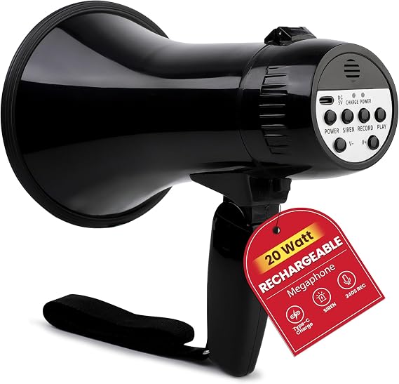 MyMealivos 20W Rechargeable Megaphone Speaker Built in 240s Recording & Siren, Up to 300ft Voice Range/650ft Siren Coverage-5.4"8.6" Portable Bullhorn with Wrist Strap and Type-C Charging(Black)