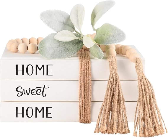 Linen Decorative Faux Books, Set of 3 Fake Books with Wood Bead Tassels and Artificial Green Leaves, Modern Coffee Table Book for Home, Office, Bookshelf and Mantel Decor (White and Black)