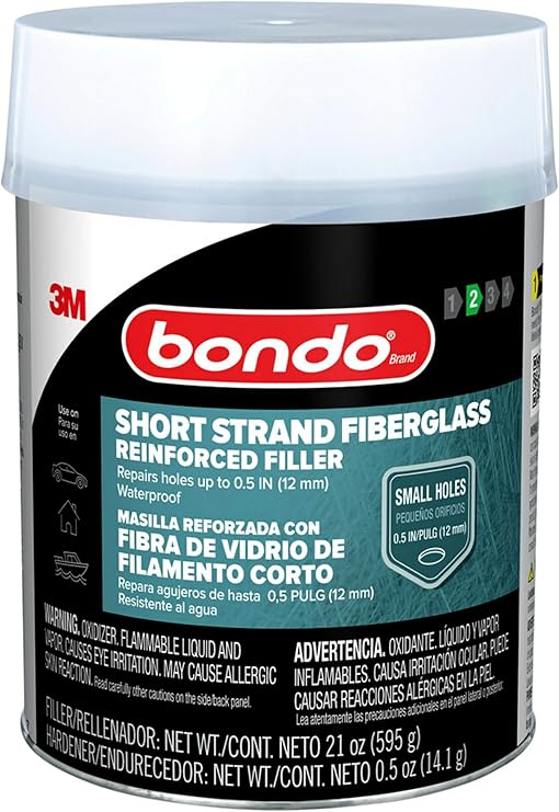 3M Bondo Short Strand Fiberglass Reinforced Filler 1.37 LB (621 g) with Bondo Cream Hardener 0.5 oz (14g), Repair Holes Up To 0.5 IN, Waterproof (SS-PT-ES)