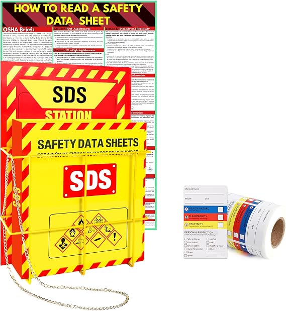 Yellow Heavy Duty 3 Inch Material Safety Data Sheet 3 Ring Binder with SDS Wire Rack and Display Sign, Chain, Safety Posters, MSDS Labels, Binder Wall Mount