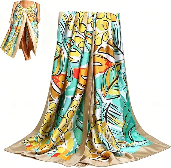 EQLEF Tropical Leaf Print Beach Sarong, 70.9×35.4in Polyester Cover Up, Lightweight Quick Dry Pareo Wrap Skirt for Women, Beach, Pool, Holiday, Swimwear Cover