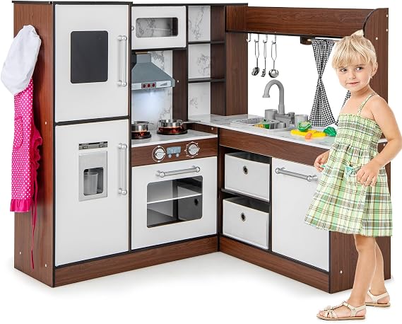 HOMASIS Corner Children's Wooden Play Kitchen with Light & Sound Includes 20 Accessories 2 Baskets & Curtains Toy Kitchen with Sink Stove Oven Ice Maker Microwave Board Telephone for