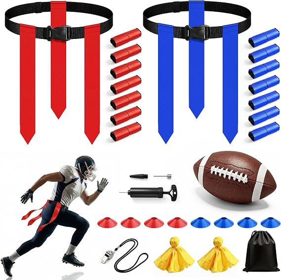 Flag Football Set for 14 Players, Complete 7v7 Game Flag Football Belts Set with Adjustable Belts, Size 6 Ball, Cones & Bag, Perfect for Family Reunions, School P.E. & Recreational Sports