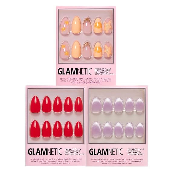 Glamnetic Press-On Nails Bundle - Sunny Shores, Fiery Red & Fairy Dust | Almond Orange Fake Nails with 3D Starfish | Bright Red Almond False Nails | Short Oval Beige-Pink Nails with a Meta