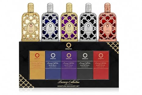 Orientica Luxury Collection Miniatur-Entdeckungsset 7.5 ml Unisex-Geschenkparfümset mit 5 hochwertigen 7.5-ml-EDPs – Royal Amber Royal BleuVelvet GoldOud Saffron und Amber Rouge Arabischer Duft