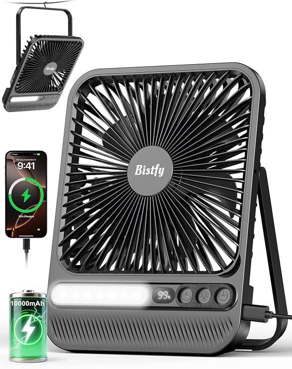 10000mAh Portable Fan for Travel, Max 28H Runtime, Ultra-thin Quiet Rechargeable Desk Fan with Lamp, Timer, Display, Hook, Cooling Fan for Camping, Bedroom, Outdoor, Office
