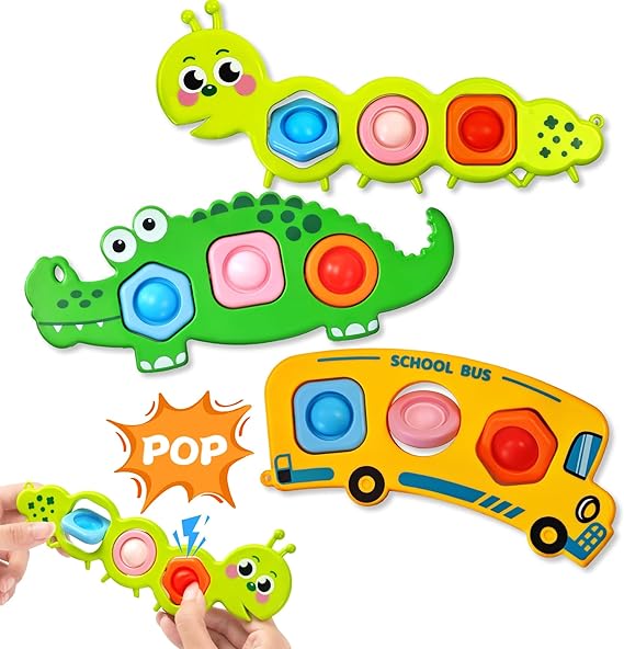 3PC Fidget Popper Sensory Toys, Pop It Toys for Toddlers Autism, Montessori Baby Toys for Airplane Travel Car, for 12+ Months 1 2 3 Year Old Boys & Girls