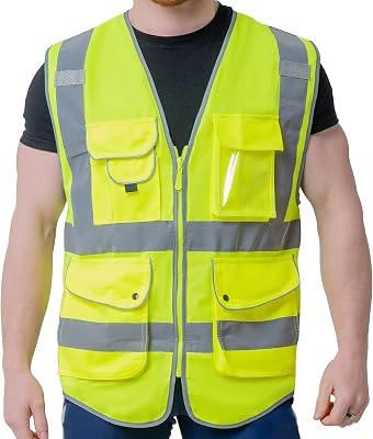 High Visibility Safety Vest with Reflective Strips 9 Pockets Hi Vis Construction Vest Meets ANSIISEA StandardsKZC-Yellow, M