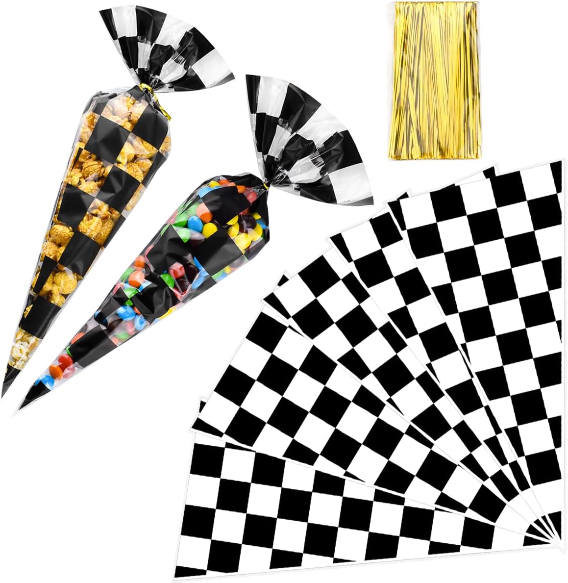 Enenes 7x15 Popcorn Bags, 100 PCS Cone Cellophane Bags, Clear Triangle Treat Bags with Twist Ties for Candies Handmade Cookies100 Checker Board Bag