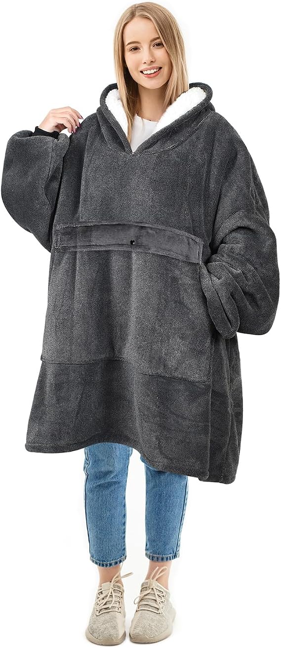 Solaris Oversized Wearable Blanket Hoodie with Large Pocket, Warm Super Soft Cozy Sherpa Sweatshirt Hoodie for Women Men, Best Gift for Your Loves, Black Ash