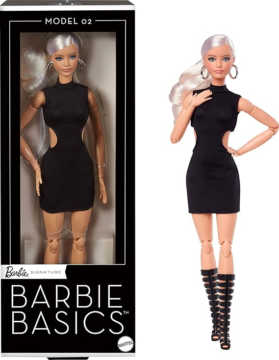Barbie Basics Model 02 Collector Doll with Blonde Hair, Black Mini Dress & Gladiator Boots, Universal-fit Fashions, Posable Body & Swappable Doll Head