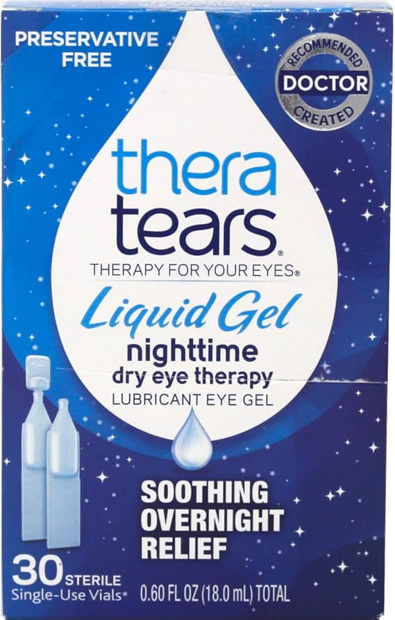 TheraTears Eye Drops for Dry Eyes, Nighttime Dry Eye Therapy Lubricant Eyedrops, Preservative-Free, 30 Count Single-Use Vials, 0.60 fl oz Each