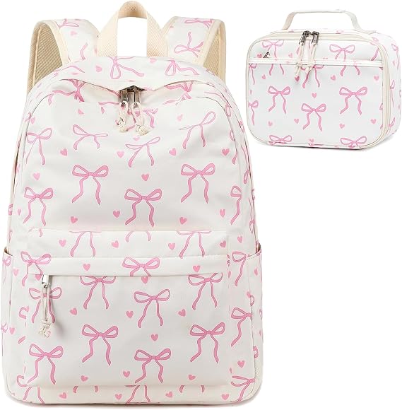 LOIDOU Girls Backpack Bookbag and Lunch Box for Women Bundled products(Beige backpack with pink bow tie and Beige lunch box
