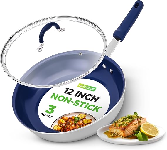 NutriChef 12 In Fry Pan with Lid, Nonstick Ceramic Skillet, Blue Handle | 12" Large Skillet, Nonstick Ceramic Coating, Silicone Handle, Stain-Resistant, Easy To Clean, All Cooktop compatible