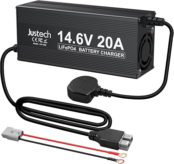 Justech 12V 20A Lithium Battery Charger, 14.6V LiFePO4 Battery Charger with Anderson Connector, LED Indicator, 0V Activation for Deep Cycle Rechargeable Battery RV Boats Cars Trucks Solar Systems