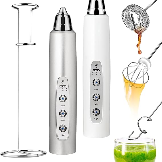 Silver+White Milk Frother with Stand