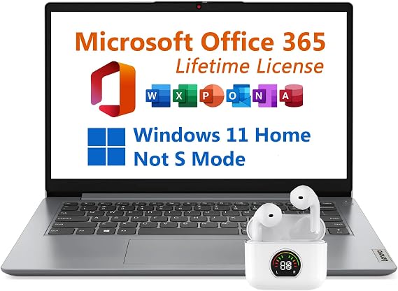 Lenovo 14" Laptop, Free Microsoft 365 with Lifetime License, Intel Celeron N4500 2.8 GHz, 10 Hours Battery, 8GB RAM, 128GB eMMC Storage + 256GB SSD, WiFi 6, USB-C, Windows 11 Home, Toree Earbuds