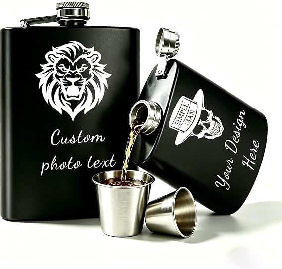 Personalized Flask for Men 8oz with Custom Photo, Icon & Text Engraved