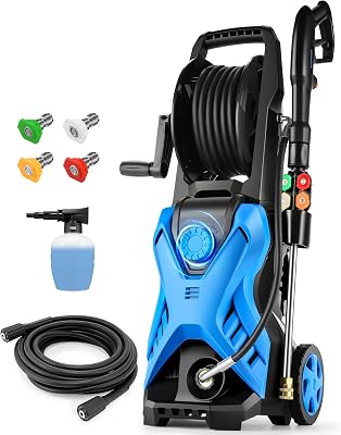 Pressure Cleaner 5000PSI,High Power Cleaner,Adjustable Pressure with 33FT Extension Hose Reel, 4 Nozzles and Soap Bottle for CarsFencesDrivewaysHomePatios Blue