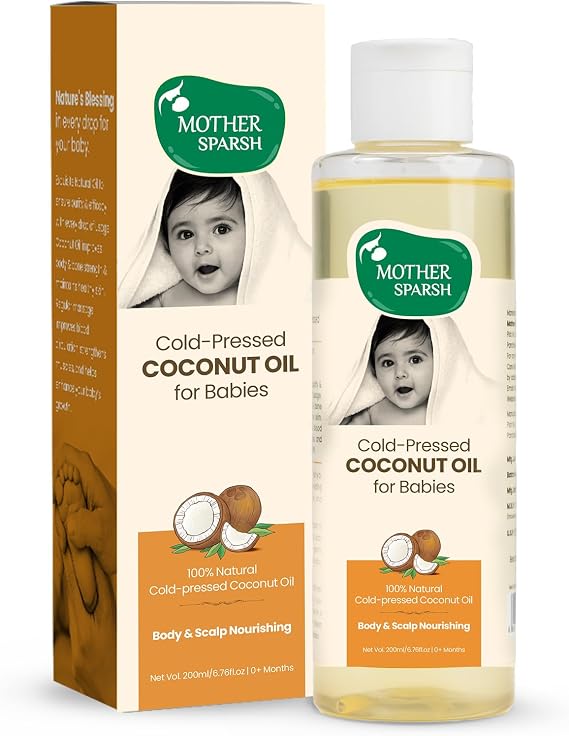 Mother Sparsh Cold Pressed Coconut Oil for Baby Massage, Skin & Hair Care | 100% Natural Baby Oil for New Born | 200ml