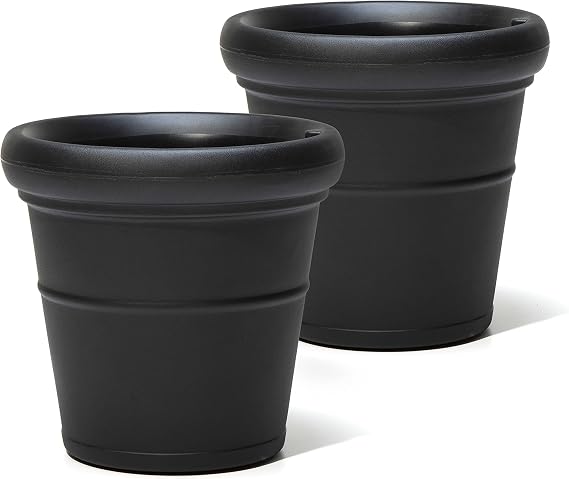 Step2 Claremont Tall Round Planter, Large Planters for Outdoor Plants, Gardening and Flower Pot for Patio or Porch, Efficient Drainage, Durable Plastic, Onyx Black, 2-Pack