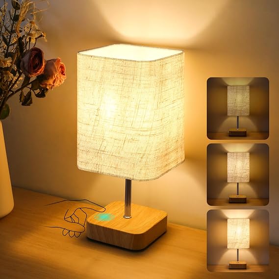 Touch Bedside Table Lamp, Dimmable Touch Control Nightstand Lamps,Small Lamp Wood Base Beige Flaxen Fabric Shade for Bedroom,Living Room,Office,Dimmable Bulb Included [Energy Class F]