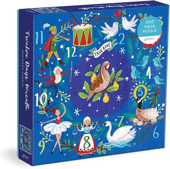 Galison 12 Days Wreath 500 Piece Puzzle - Whimsical Holiday Puzzle for Adults, Jigsaw Puzzle Illustrating the Joyous 12 Days of Christmas, Fun Indoor Activity