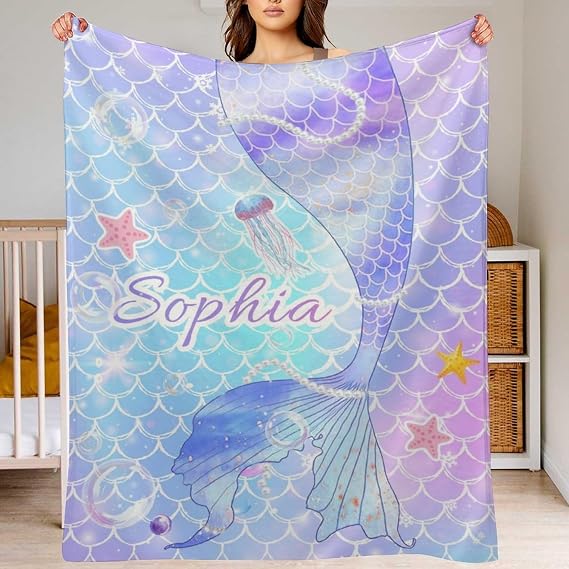 Cyiecw Personalized Baby Blanket with Name for Girls, Made in USA Custom Mermaid Design Soft Throw Gifts for Baby Kids Infant Newborn Toddler Customized Name Blanket Fleece Blanket, 30" x 40"