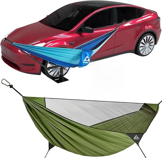 Camping Hammock with Mosquito Net + Tire Mount Hammock Stand - Fits Vehicle Tire & 2in Hitch Receiver