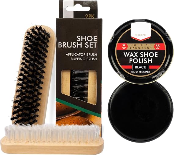 2 Shoe Brush Set & Black Polish - Traditional Wooden Handle Brushes For Cleaning, Polishing Leather Shoes & Boots, Buffing, Soft & Stiff Bristles (Shoe Brushes & Polish)