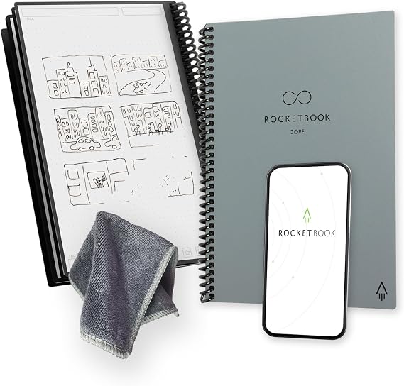 Rocketbook Core Reusable Spiral Notebook, Executive Size 15 cm x 22.4 cm, Grey - Dotted Pages, App-Connected, Erasable, Durable Cover, Ideal for School, Work, and Creative Projects