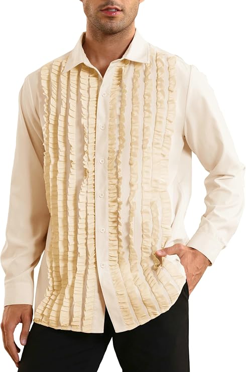 Bbalizko Mens Ruffle Tuxedo Shirt 80s Prom Ruffled Button Down Frill Pleated Ruche Long Sleeve Shirts Top