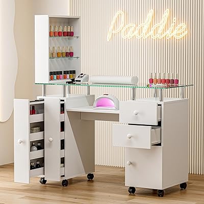 Paddie Manicure Table, Glass Top Nail Tech Table Nail Desk Station for Nail Tech wShelves, Wrist Cushion, Lockable Wheels, Storage Drawers, Ceramic HandlesWhite