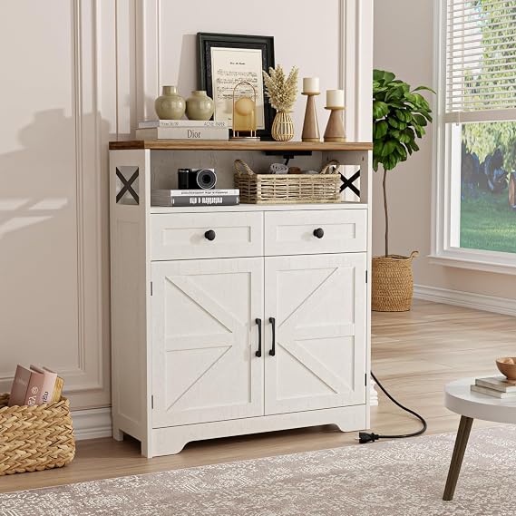 31.5" White Storage Cabinet with Doors and Drawers, Farmhouse Sideboard