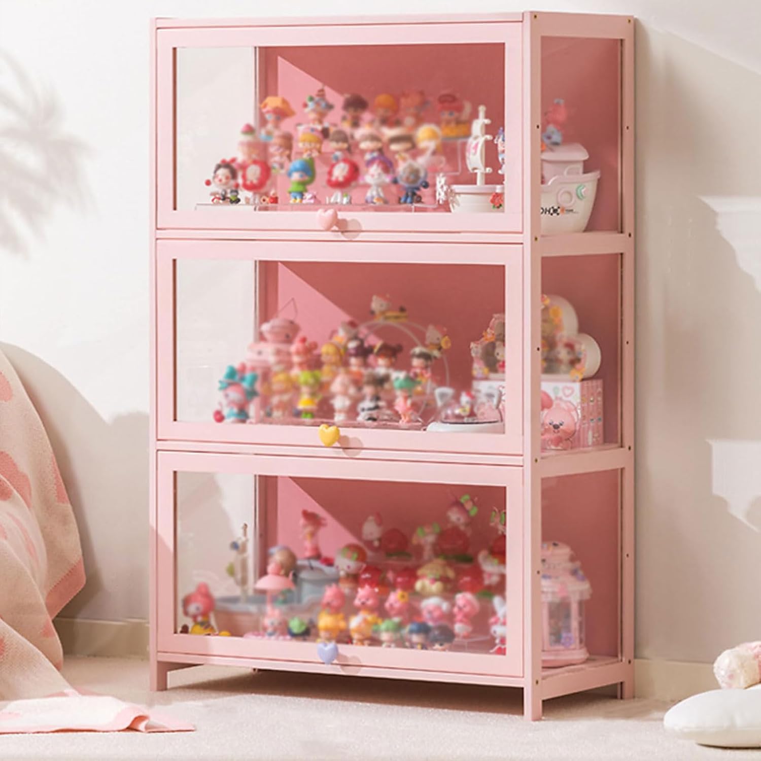 Display Cabinets,Desktop Storage Cabinet,Figures and Curio Collection Display Case,Floor Standing Clear Showcase,with Natural Bamboo Frame,Bookshelf,bookcase 80×32×106cm Pink