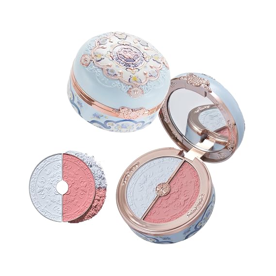 Flower Knows Butterfly Cloud Collar Rouge Box Highlighting & Blush Duo Powder,Blue+Pink Two Tone Matte Blush for Cheeks Bulidable & Blendable Palette,0.21 Oz(02 Seaborne Moon)