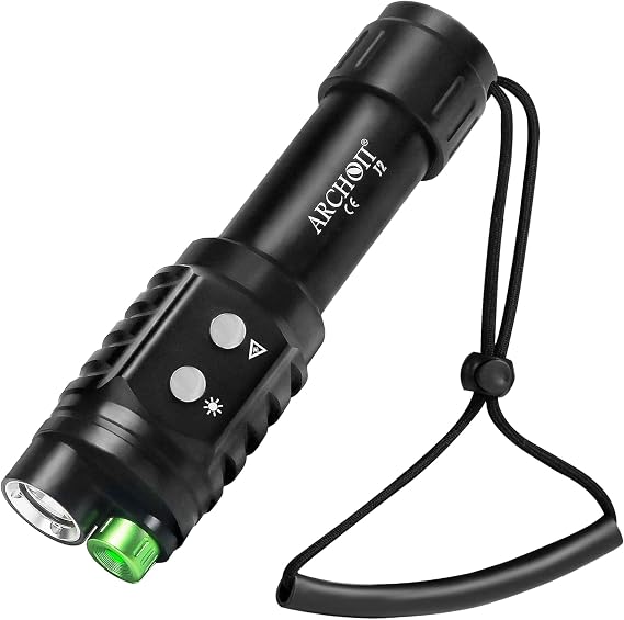 ARCHON J2 Diving Flashlight, 2-in-1 Scuba Dive Light with 1200 Lumens White Spotlight,1500 Meters Green Beam, Underwater 100 Meters Waterproof, Dual-Button Switch