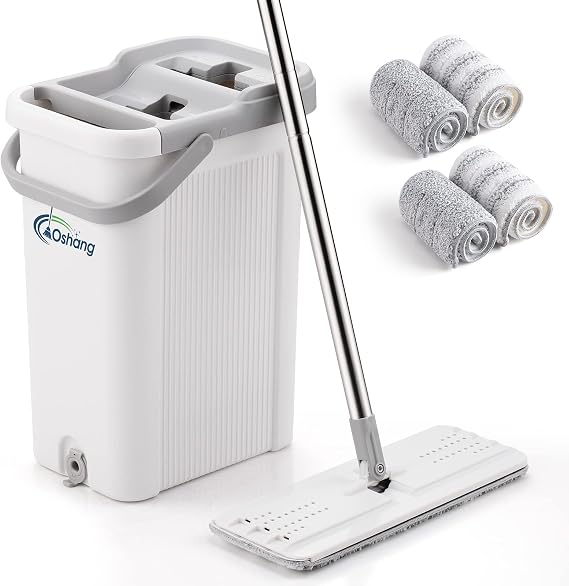 oshang Mop and Bucket Set for Home Floor Cleaning, Hands Free Flat Mop, Stainless-Steel Handle, 4 Washable & Reusable Microfiber Pads