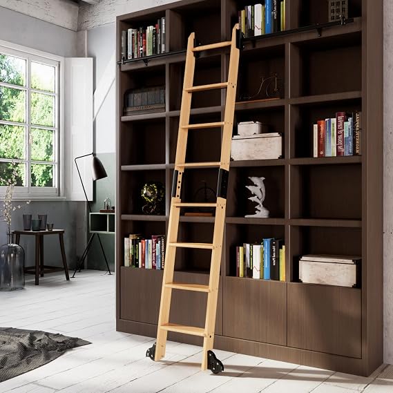 8 ft Rolling Library Ladder Hardware Kit with Ladder, Solid Red Oak Wood, Telescopic Upper Roller, Brown