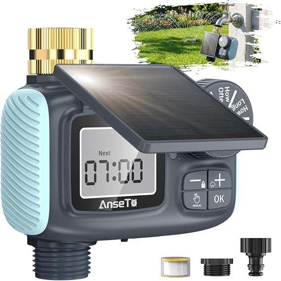 Solar Water Timer Irrigation for Outdoor,2026 LCD Dispaly Sprinkler Timer with Rain Delay and Manual Irrigation,Automatic Watering System for Garden/Lawn/Greenhouse