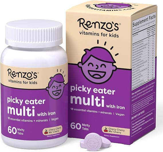 Renzo's Picky Eater Kids Multivitamin with Iron - Dissolvable Kids Vitamins with Iron, Zinc, Vitamin C, Vitamin D, E & K, Sugar-Free Melty Tabs, Cherry Flavor, 60-Count (1-2 Month Supply)