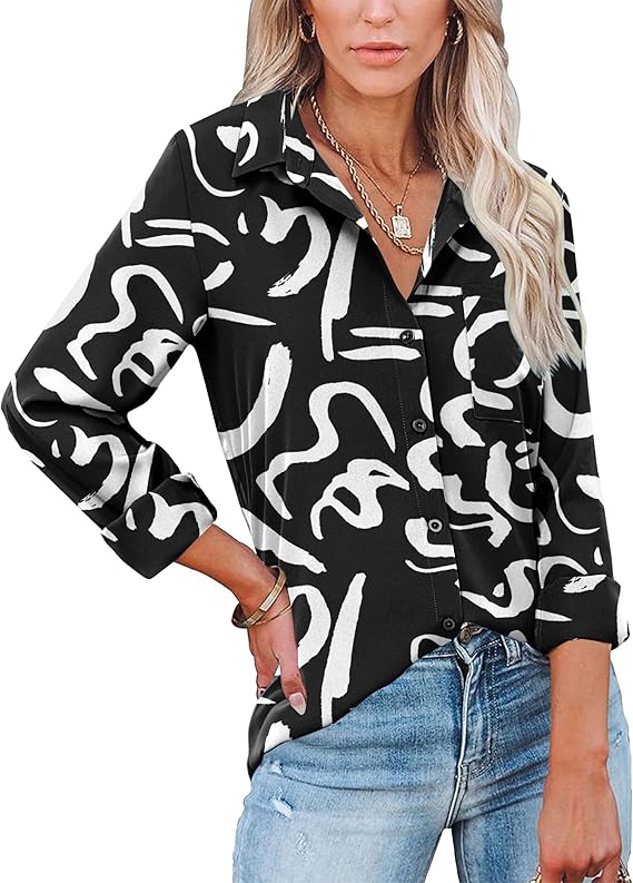 HOTOUCH Womens Button Down Shirts Long Sleeve Dress Shirts Casual V Neck Collared Tops Work Office Blouse with Pocket