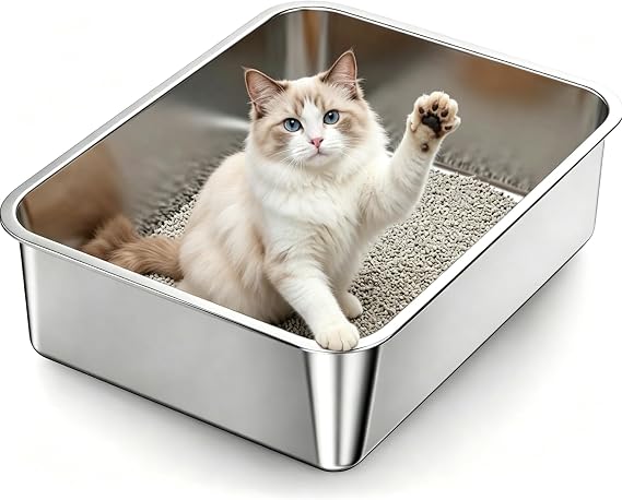Stainless Steel Cat Litter Box Sturdy Metal Pan for Cats and Pets