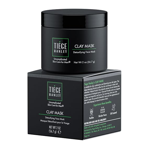 Tiege Hanley Facial Clay Mask for Men, Deep Pore Cleansing, 2 Oz | Men's Skin Care, Charcoal Face Mask With Natural Kaolin Clay, Absorbs Excess Oil, Reduces Appearance of Pores