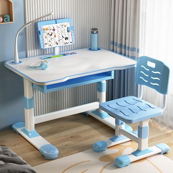 YOXIER Kids Desk and Chair Set,Height Adjustable Desk for Kids,Height Adjustable Child's Study Table with Tilt Desktop,Ergonomic Desk Chair with Book Stand, Foot Pedal, Partition Design Blue