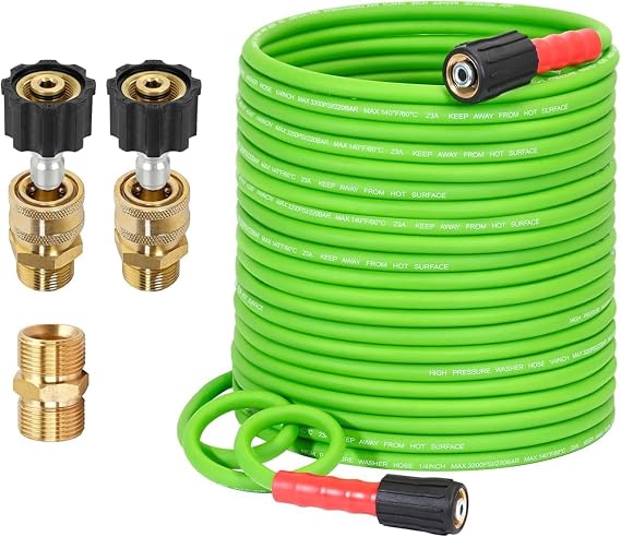 YAMATIC Super Flexible Pressure Washer Hose 100FT for Power Washer Replacement, Kink Resistant Extension With Leak-Free M22-14mm Female & 3/8" Quick Connect Adapters, 1/4" 3200 PSI, Green