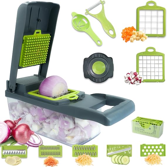 Vegetable Chopper & Slicer: Effortless Veggie Cutting for Onion, Potato, Salad & More! Essential Kitchen Tool (14-in-1 Compact Green)