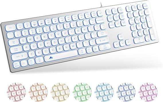 POWZAN Aluminum Quiet Wired Keyboard Backlit- Slim Chiclet Key Compatible with Apple iMac, MacBook, Mac and PC, USB Keyboard Numeric Keypad RGB Lighted Key - Silver White