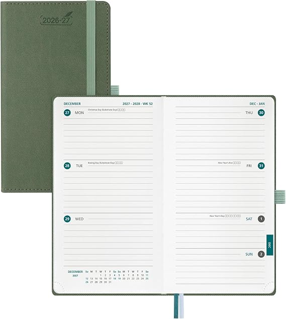 BEZEND Pocket Planner 2026-2027 Weekly and Monthly (3.75" x 6.75" Slim Size) 18-Month Academic Calendar Notebook (Jul 26-Dec 27), Ideal for Students & Professionals, PU Leather Hardcover -Olive